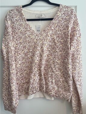 LOFT Cream V-Neck Sweater with Mauve Floral Print and Yellow Accents